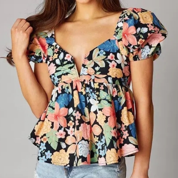 Buddy Love Tops - Buddy Love Floral Print Puff Sleeve Top